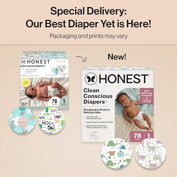 The Honest Company Clean Conscious Diapers for Delicate Skin, Up to 100% Leakproof Hypoallergenic Fragrance-Free Baby Diapers, Gender Neutral Prints, Club Box, Size 1 (8-14 lbs), 78 Count