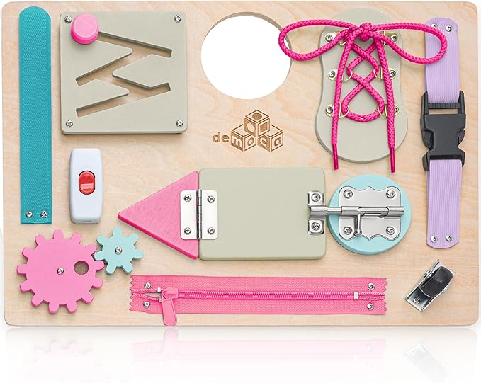 deMoca Sensory Busy Board for Toddlers, Premium Wooden Toddler Busy Board for 1 2 3 Year Old with 10 Educational Activities for Fine Motor Skills, Fidget Activity Toy for Travel Toy (Coral - Large)