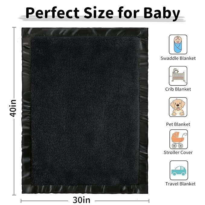 Pro Goleem Fleece Baby Blanket with 2 Inch Satin Trim Soft Anti-Static Plush Blanket for Boys and Girls Christmas Baby Gifts for Babies Black 30''x40''
