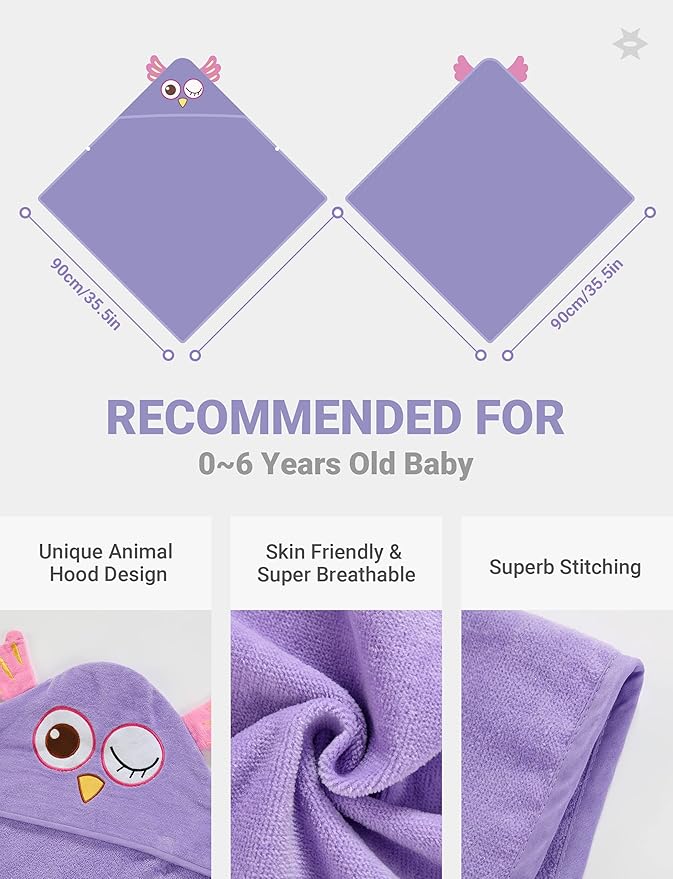 MICHLEY Toddler Hooded Bath Towels for 0-6T, Baby Essentials Cotton Absorbent Kids Washcloth (Owl)