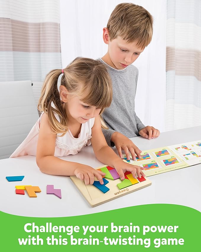 Coogam Wooden Puzzle Blocks Geometric Tangram Brain Teasers Jigsaw 3D Logic IQ Game Colorful Shape Pattern Montessori STEM Educational Toys Gift 60 Challenges for All Age