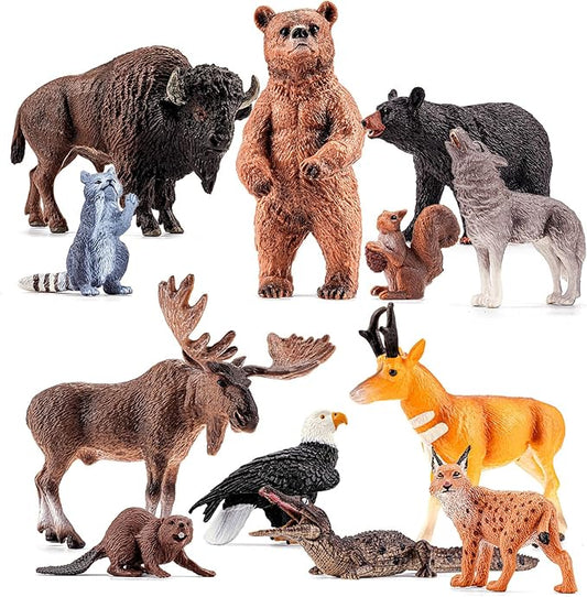12PCS Large North American Animal Figurines, Realistic Safari Woodland Jungle Animals Figures Toys Includes Crocodile,Wolf,Bear,Deer Cake Toppers Birthday Gift Party Favors Toys for Toddlers