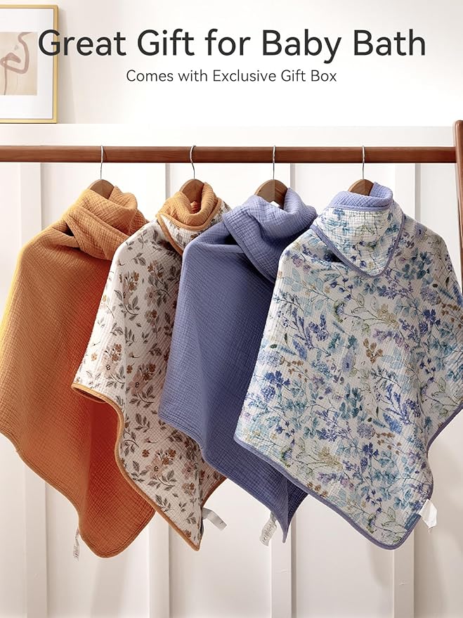 TILLYOU Muslin Hooded Baby Towels for Newborn 2 Pack, 32x32Inch Soft Baby Bath Towel Highly Absorbent for Newborn and Infant, Essential for Newborn Care, Blue Flower