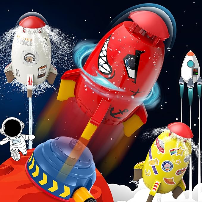 Water Rocket Sprinkler for Kids, Outdoor Sprinkler Rocket Launcher Toy for Backyard, Summer Water Toys for Kids Ages 3-12, Fun Water Powered Rocket Toy (Yellow-3)