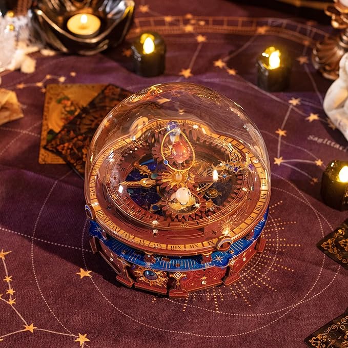 MU 3D Wooden Puzzles The Planisphere Rotating World Globes Craft Work 3D Metal Puzzle Models Kits Treasure Boxes Miniature Building, Music Box DIY Set Birthday New Year Gifts Home Desk Office Decor