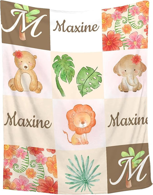 Personalized Baby Blanket for Girls Boys Animals Custom Baby Blanket with Name Swaddle Blanket for Toddlers Infants Kids Shower Newborns Nursery Stroller Crib Decor Throw Birthday Gift