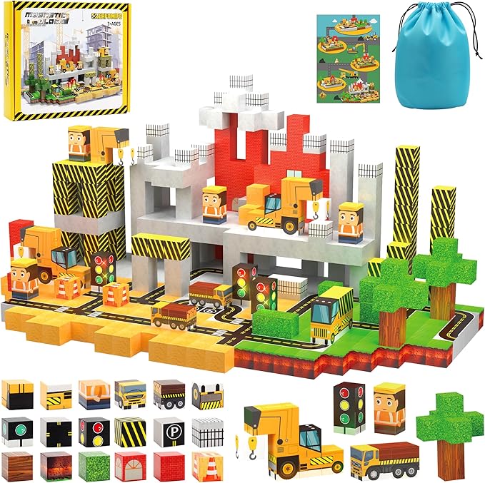 138PCS 0.8In/2CM Magnetic Blocks, Constructions -Themed Magnet Cubes Building Block Toy for Kids 3+, Christmas & Birthday Gifts