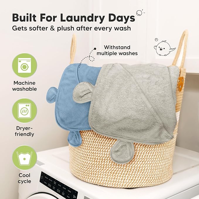 KeaBabies 2-Pack Hooded Baby Towels for Newborn - 30x30 Soft & Absorbent Viscose from Bamboo Baby Bath Towels with Hood for Infant, Toddler,Kids,Boys Girls,Newborn Bath Essentials (Steel, Petite)