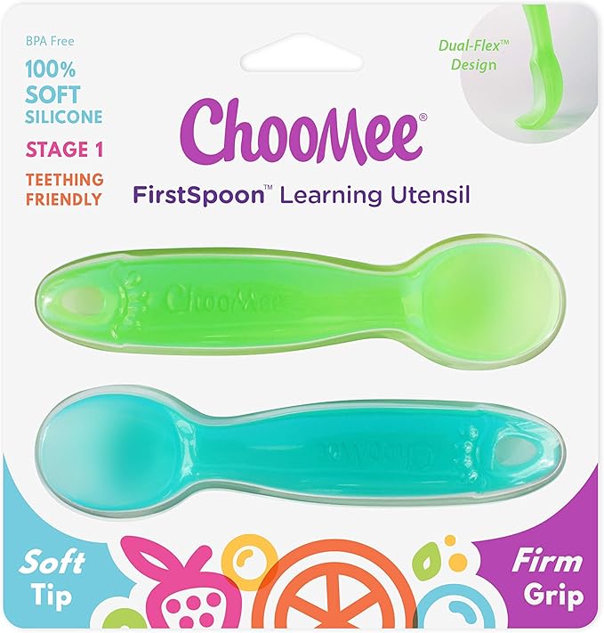 ChooMee Silicone Baby Spoons | 4 Months +, First Stage Baby Led Weaning and Self Feeding | Soft Spoon with Firm Handle | Designed in USA, BPA Free, Premium grade Platinum Silicone | 2 CT
