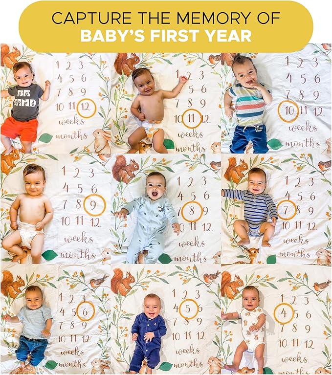 Bubzi Co Baby Monthly Milestone Blanket, Soft Woodland Photo Blanket for Baby Boy & Baby Girl, Nursery Bed Blanket, Newborn Essentials, Baby Registry Must Haves