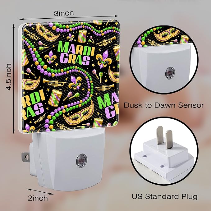 Happy Mardi Gras Night Light, Carnival Fleur De Lis Mask Beads Dusk to Dawn Night Light Plug in, 0.5w Energy Saving Sleep Friendly Nightlights for Kids Boys Girls Home Decor