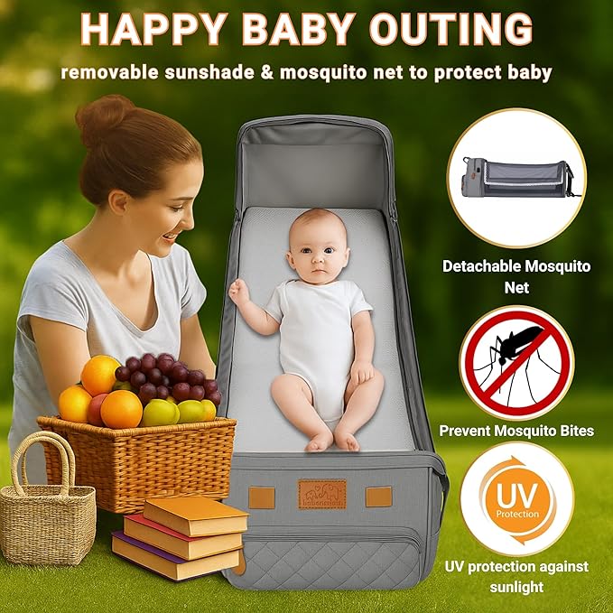 Large Diaper Bag Backpack with Changing Station, USB Charging Port, Insulated Pockets, Mosquito Net & Sun Shade – Waterproof Large Capacity Travel Diaper Bag for Moms & Dads