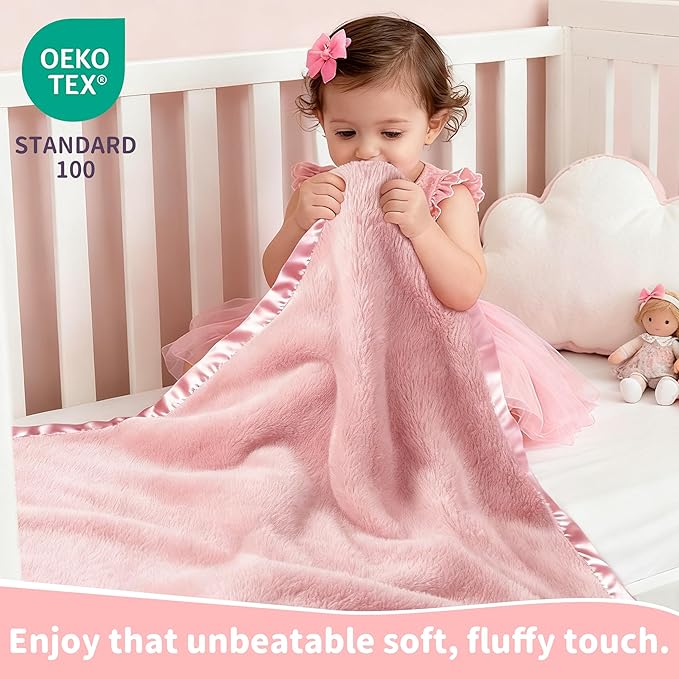 Pro Goleem Fleece Baby Blankets for Girls with 2 Inch Satin Trim, Super Soft Plush Receiving Blanket for Infant Toddler Newborn, Cozy 30x40 Inch Crib & Stroller Blanket (Pink)