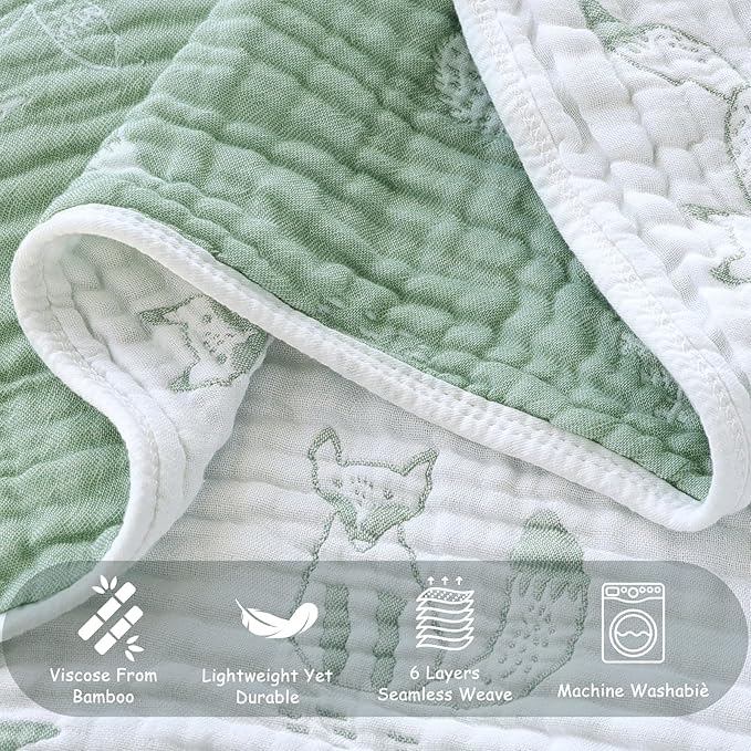 BOPRIO Muslin Baby Blankets for Baby Infant Toddler, 70% Cotton and 30% Rayon with Animal Design Super Soft and Lightweight Nursery Blankets 43 x 43 Inch (Sage Green Fox)