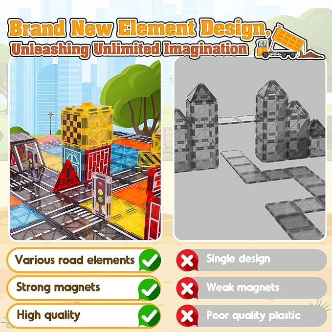Magnetic Tiles Kids Construction Toys - Road Set with Magnet Crane for Boys Age 3-5 4-8 8-10, Magnet Building Blocks Expansion Pack Toy Car Track Train Set, Road, Dolls, Traffic Lights and Stations