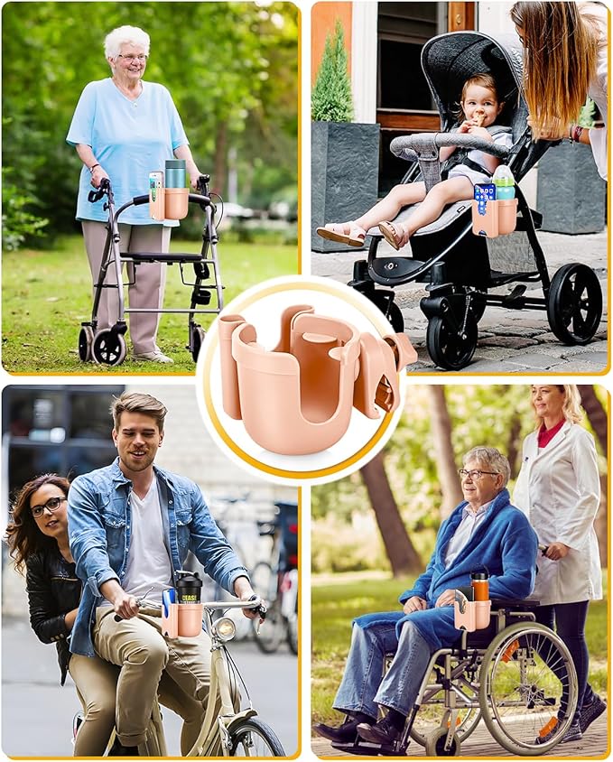 Universal Stroller Cup Holder with Mobile Phone Case, 2-in-1 Strollers Storage Rack, 360 Degrees Rotation Drink Holder for Bike, Pushchair, Wheelchair, Walker,Bicycle, Fits Most Cups (Pink)