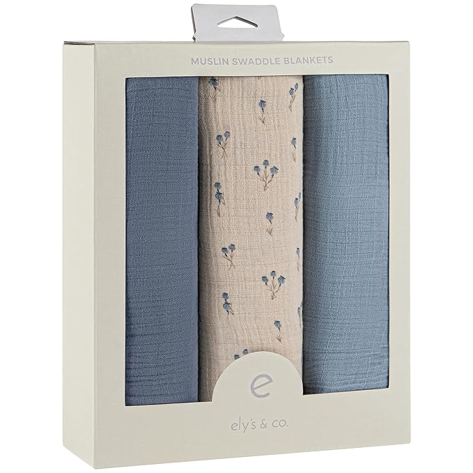 Ely's & Co. Muslin Swaddle Blanket 3-Pack for Baby Boy— 100% Cotton Muslin Extra-Large Swaddle Blankets (47”x 47”) Blue Bluebell