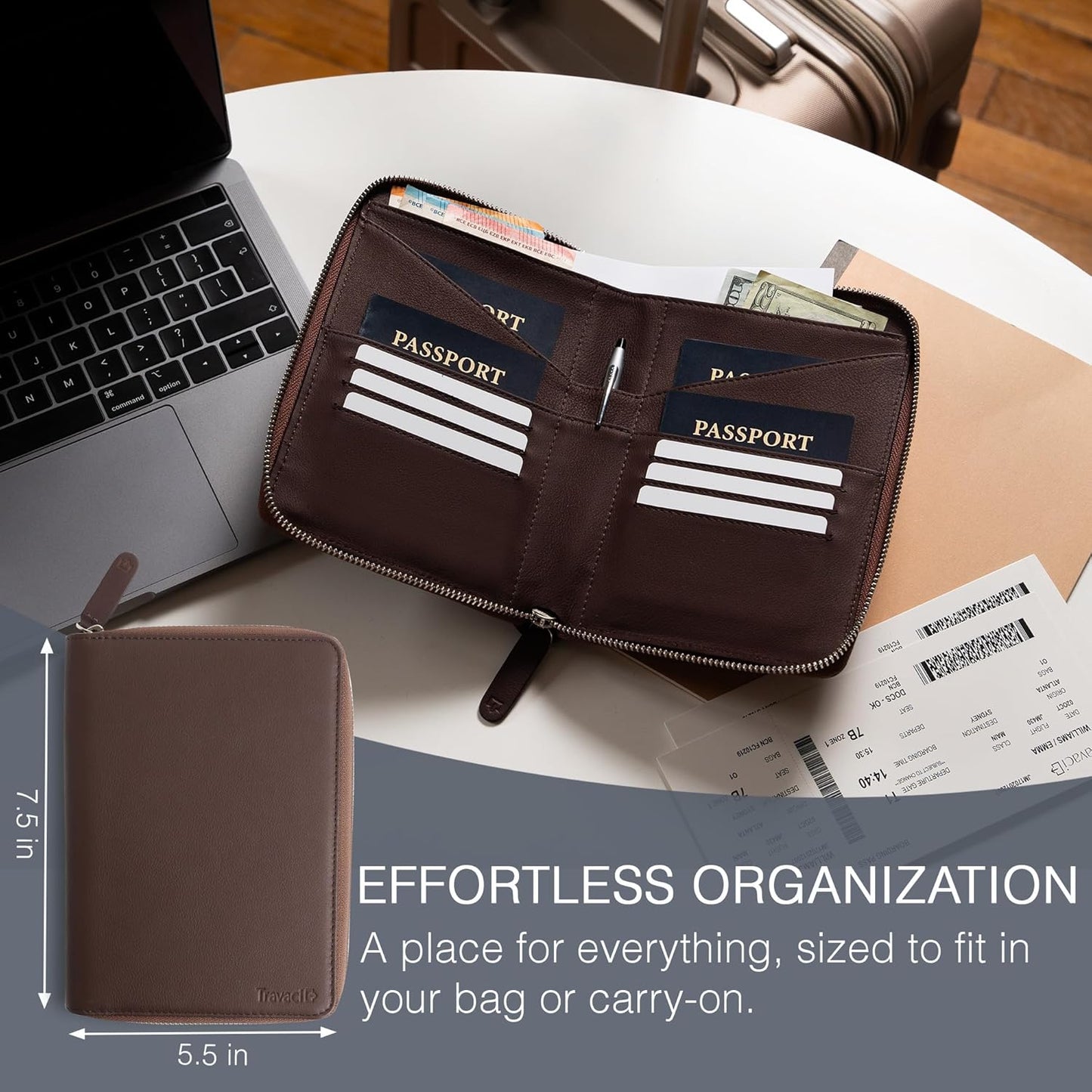 Full Grain Leather Family Passport Holder for 2-4 Passports - RFID Passport Holder and Travel Document Organizer - Large Leather Travel Wallet for Couples and Families - Brown