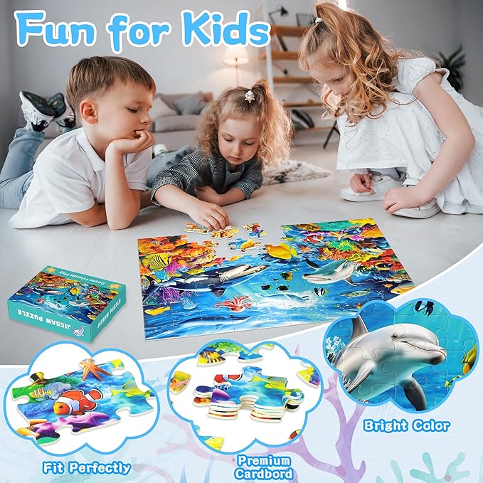 100 Piece Puzzles for Kids Ages 4-6, 4 in 1 Jigsaw Puzzles for Kids Ages 6-8, Sea World Cats Dogs Unicorn Learning Educational Children Puzzles 5-8 for Boys and Girls