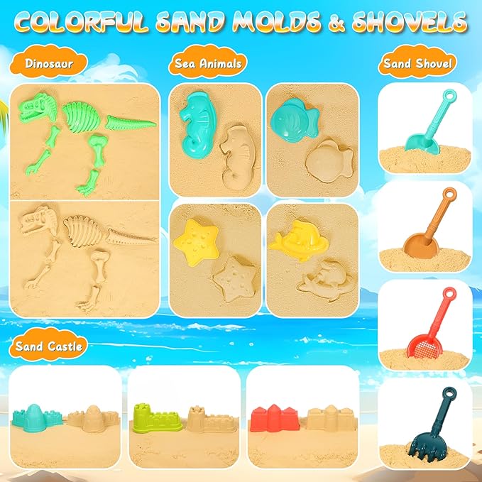 Beach Sand Toys for Kids, 29PCS Sandbox Toys with 2 Collapsible Bucket Sand, 2 Dump Truck, Dinosaur Molds, Castle Building Kit, Shovel Sieve,Flags,Mesh Bag Travel Beach Toys for Toddler 3-10