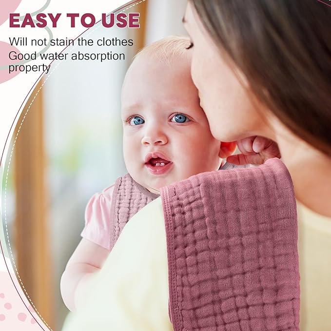 Tallew 8 Pack Muslin Burp Cloths and Baby Bibs for Boy Girl 20" x 10" Cotton Baby Bandana Drool Bibs Muslin Burp Cloths Absorbent Rag for Newborn Toddler Infant Gifts(Dark Pink)