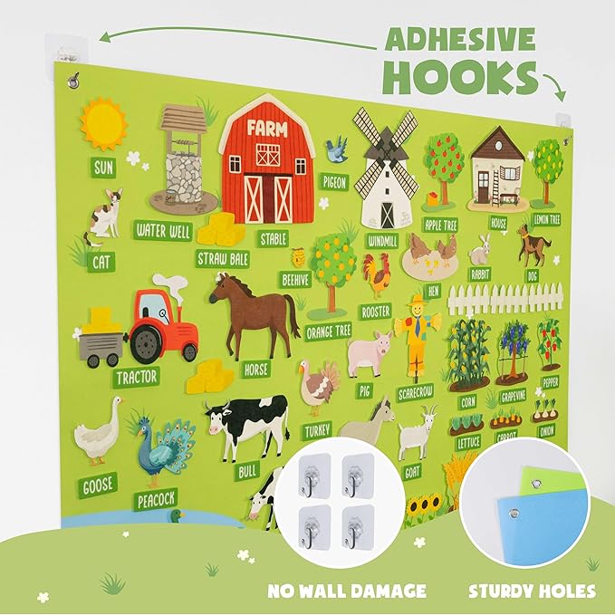 BONNYCO Felt Board for Toddlers with 92 Animal Farm Figures. Montessori and Sensory Toys, Birthday Gifts for Kids 3-8 Years Old. Educational Games, Learning Activities, Christmas