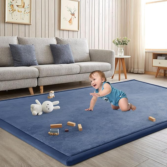 Baby Play Mat for Floor Tummy Time Mat Nursery Muscle Area Rug Playroom Rug Tatami 59"*59" Memory Foam 1.3" Thick Crawling For Babies,Toddlers, Infants, Kids,Floor(Blue)