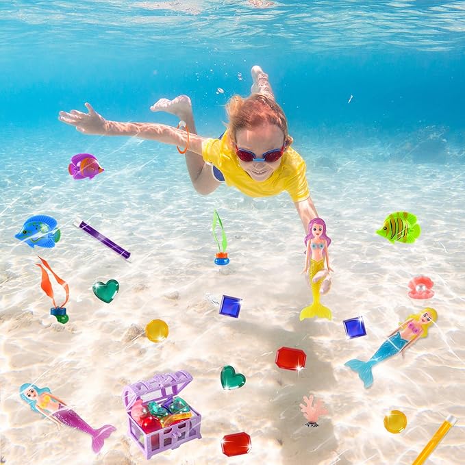 Diving Pool Toys for Kids Ages 4-12, 27 Pcs Mermaid Pool Toys with Gem Pirate Treasure and Chestand Storage Bag, Swimming Training Game Toy Summer Beach Party Gifts for Boys Girls Toddlers
