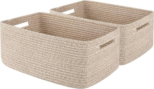 OIAHOMY Storage Basket for Shelves, Closet Cube Storage Bins Baskets for Clothes Blanket Towels, Baby Nursery, Toy Box, Woven Rope Basket, 15.75*11.81*7.09 IN, 2 Packs Brown