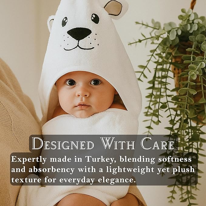 MILARA Hooded Baby Towel - 70% Rayon Derived from Bamboo, 30% Cotton - Baby Towel for Newborns - Soft and Absorbent, Wolf/Bear Ears Design, Made in Turkey, | 30 x 30 Inches