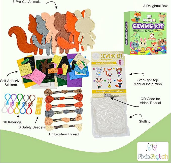 Sewing Kit for Kids - Sew & Create 6 Adorable Stuffed Animal Projects - Fun DIY Craft Set for Ages 6 and up - Educational & Creative Sewing Kit for Girls & Boys - Gift for Young Crafters