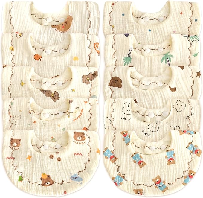 EllieHouse Baby Bibs for Girls Boys 10Pack Muslin Drool Teeth Drooling Teething Bibs Muslin Cotton for Infant Toddler