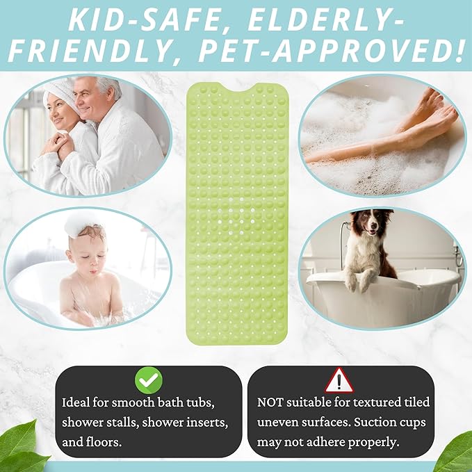 ENKOSI Bath Mat - Large Non Slip Bathtub & Shower Mat - Extra Long 40 x 16 Inch Bathroom Mats for Tub Nonslip Anti Slip Bathmats (40x16 Green)