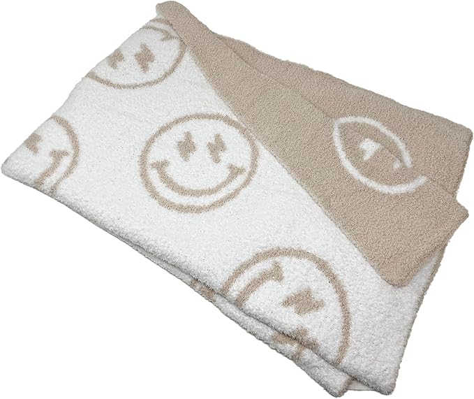 Smiley Face with Lightning Bolt Eyes Baby Blanket 28"x40" - DreamSoft Throw for Crib, Stroller or Car Seat -Receiving Blanket/Newborn Nursery Gift for Toddler, Infant, Kids, Boys & Girls (Tan/White)