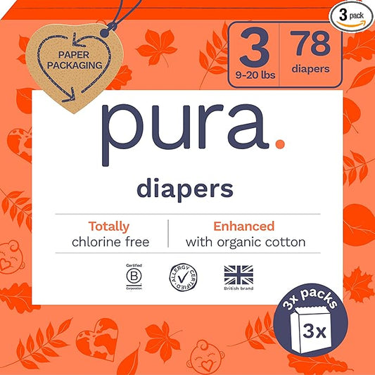 Size 3 Eco-Friendly Diapers (9-20 lbs) Totally Chlorine Free (TCF),Hypoallergenic, Soft Organic Cotton, Sustainable, up to 12 Hours Leak Protection, Allergy UK,26 Count (Pack of 3) (78 Baby Diapers)