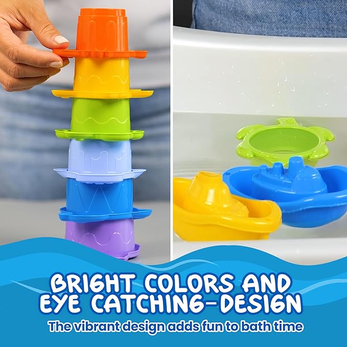 uToyz Bath Toys for Toddlers – Toddler Toys with 12pcs Rainbow Stacking Cups, Boats, & Dolphin-shaped Baby Watering Can, Baby Bath Gift & Toddler Toy for One Year Old Girl Gifts, Water Toy for Ages 1+