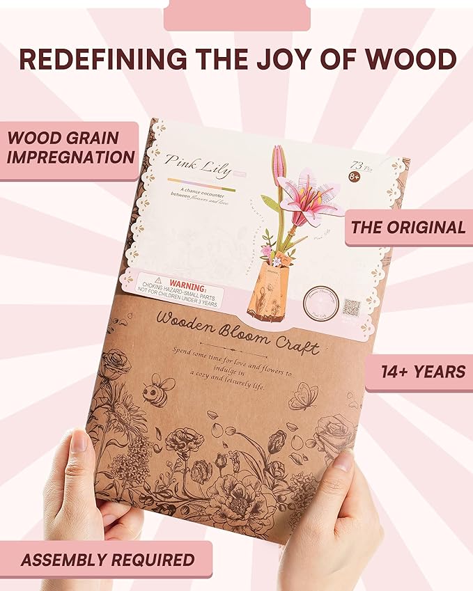 3D Flower Wooden Puzzles for Adults-Pink Lily, DIY Wooden Flowers Model Kit Building Set Crafts for Adults to Build, Botanical Collection/Ideal Creative Gift Ideas/Housewarming (73PCS)