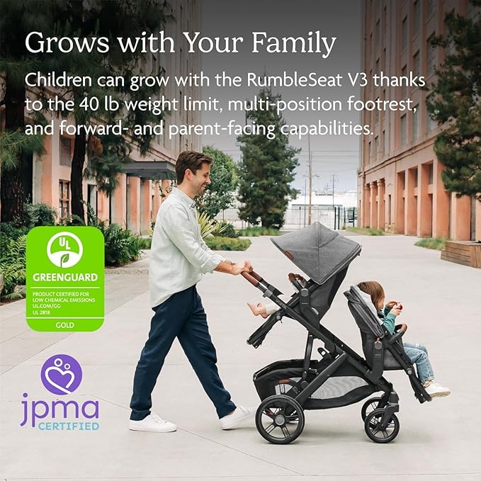 UPPAbaby RumbleSeat V3 Second Lower Seat - Compatible with Vista V2 and Vista V3 - All-Weather Seat + Magnetic Buckle – Adapters Included - Gwen (Green Mélange/Carbon Frame/Saddle Leather)