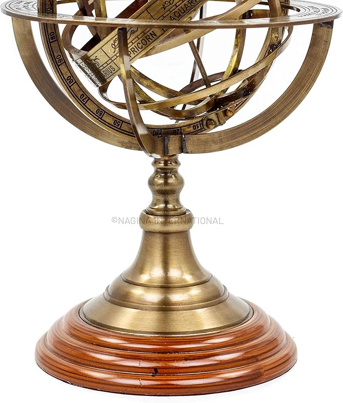 Antique Vintage Zodiac Armillary Brass Sphere Globe Wooden Display | Pirate's Antique Ship Decor | Nagina International (Large, Antique Brass)