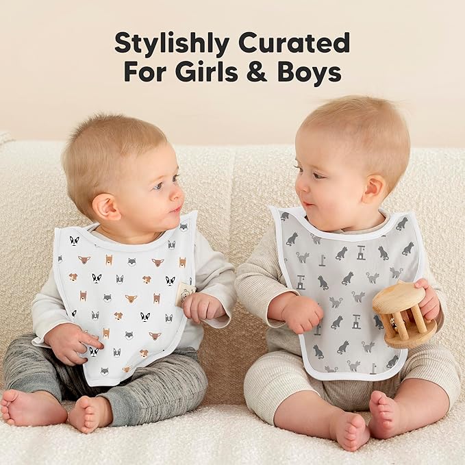 8-Pack Baby Bibs for Boys, Girls - Pullover Bibs for Drooling Teething Baby Girl & Boy Toddler, Newborn, Soft & Absorbent, Cute Colors, Large Torso Coverage Keep Infant Clean & Dry (Pets & Paws)