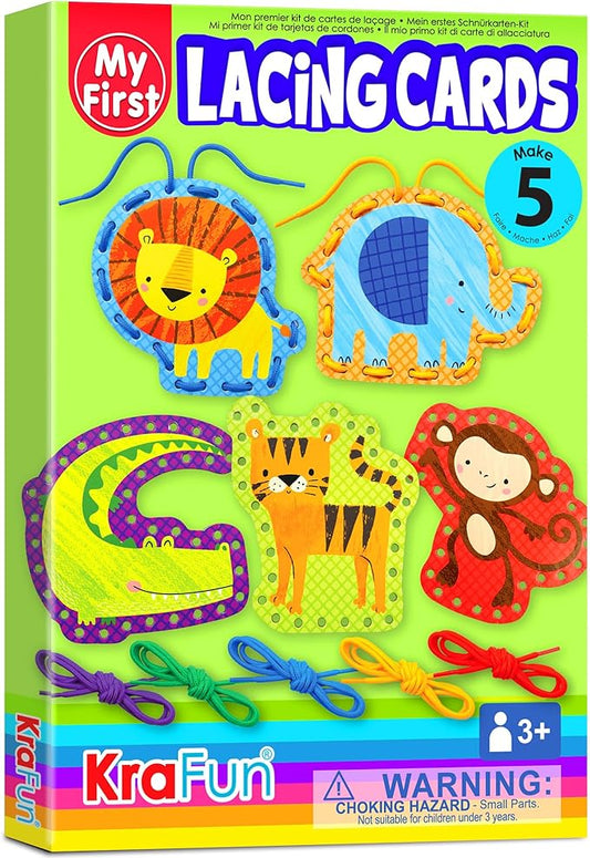 KRAFUN Beginner Preschool Lacing Card Kit for Kids Arts & Crafts, 5 Easy Safari and Animal Lacing Projects, Paper Craft Cards for Toddlers, Fine Motor Skills Training Toys