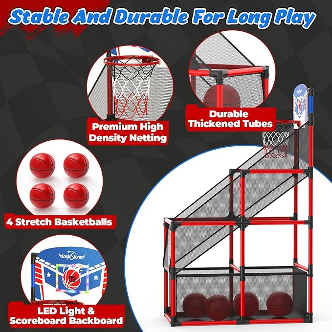 EagleStone Kids Adjustable Arcade Basketball Hoop with LED Lights & Scoreboard, 4 Balls Ball Storage Net, Indoor Outdoor Carnival Basketball Game Set for Boys & Girls Ages 3-12, Pump Included