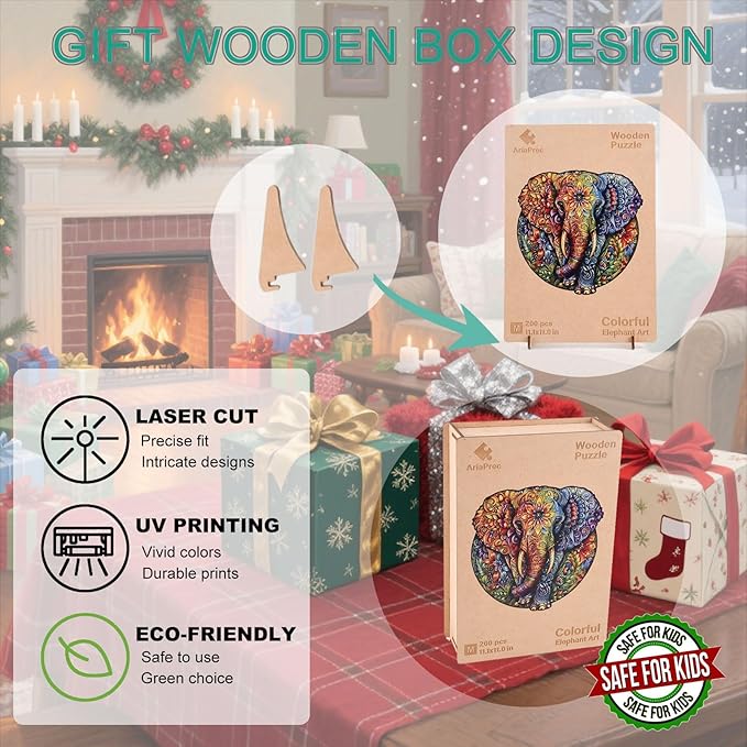 Wooden Jigsaw Puzzle for Adults - Mandala Elephant Unique Animal Shaped, 13.3x13.2in, 300 Pieces, Zen Art, Challenging and Fun Gift