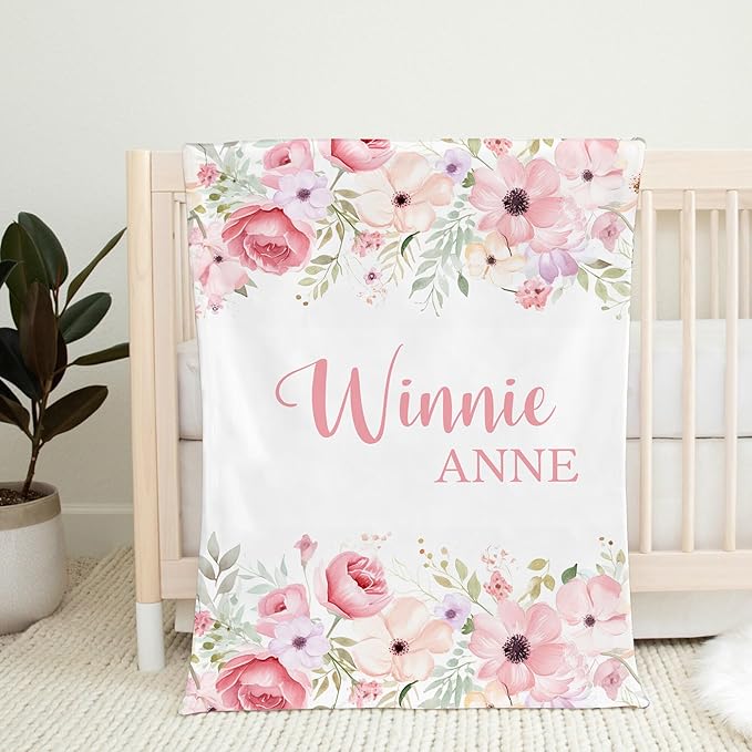 Personalized Baby Blanket for Girl, Baby Girl Blankets, Blush Pink Floral Custom Name Blanket for Girls, New Mom Newborn Gift, Birthday