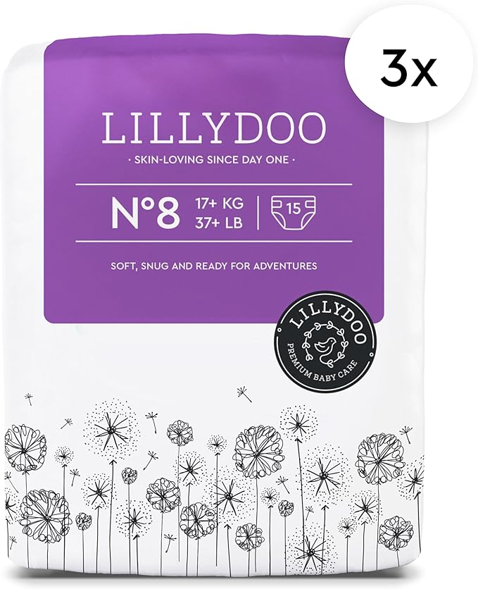 LILLYDOO Baby Diapers - Size 8 (37+ lbs), Half-Monthly Supply (45 Count), Leak Protection, Skin-Friendly, Ultrasoft, Perfume- & Chlorine-Free, Hypoallergenic, Dermatologist Tested, Oeko-TEX®