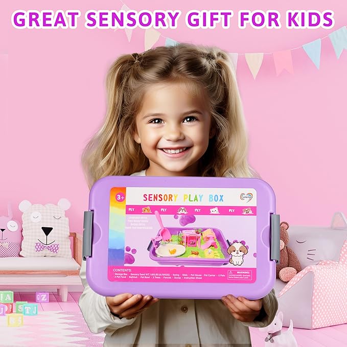 Pet Sensory bin,Dog and Cat Sandbox for Kids,Kids Play Sand Kit,Pet Play Set with Sensory Sand,Pet Care Play Set,Role Pretend Play Beach Toy Birthday Gift for Girls Boys 3 4 5 6 Years Old