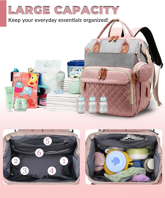 Diaper Bag with Changing Station, Waterproof 3 in 1 Baby Diaper Backpack with Foldable Changing Pad, Pink-Grey