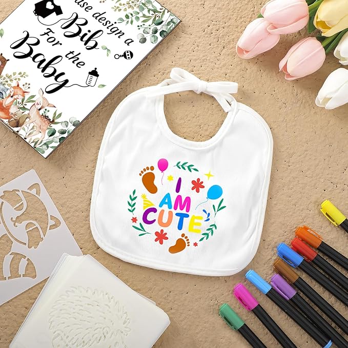 Newwiee 55 Pcs White Bibs for Baby Decorating Design a Bib Decorate Plain newborns Bibs Wooden Sign for Baby Shower Games Kit