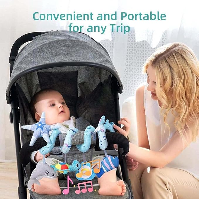 Deluxe 5-Piece Spiral Plush Toy Set - Cute Hanging Baby Rattle Animals including Shark Ideal Stroller, Crib Mobile, & Car Seat Toys for Babies 0-6 months up to 1 Year Coral Blue