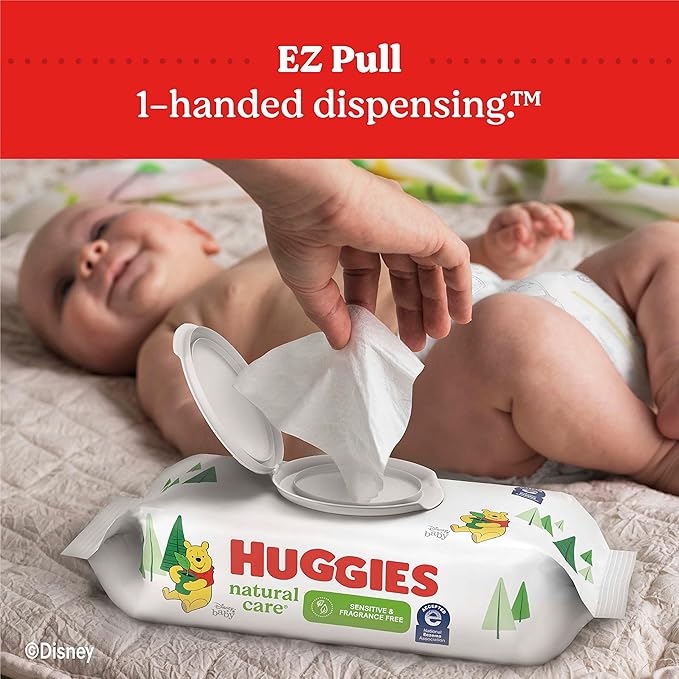 Huggies Natural Care Sensitive Baby Wipes, Unscented, Hypoallergenic, 99% Purified Water, 9 Flip-Top Packs (3 packs of 3), 504 Total Wipes (56 Wipes per pack), Packaging May Vary